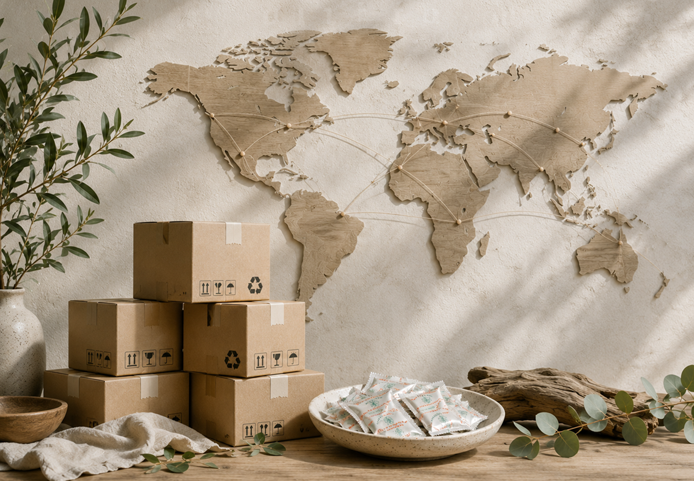 Packed cartons beside a world map