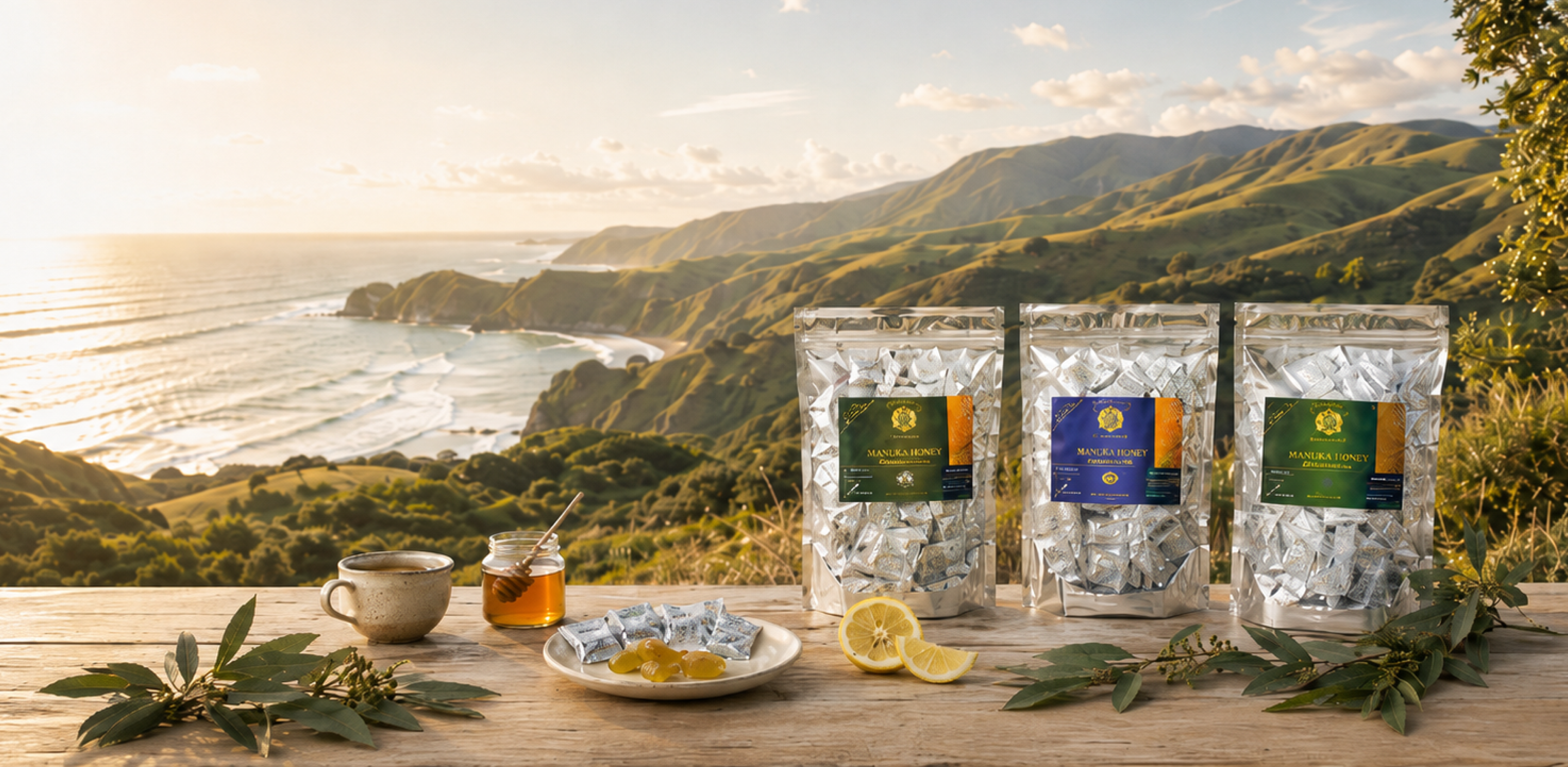 Nature Care Bee Propolis Lozenges with New Zealand coastline