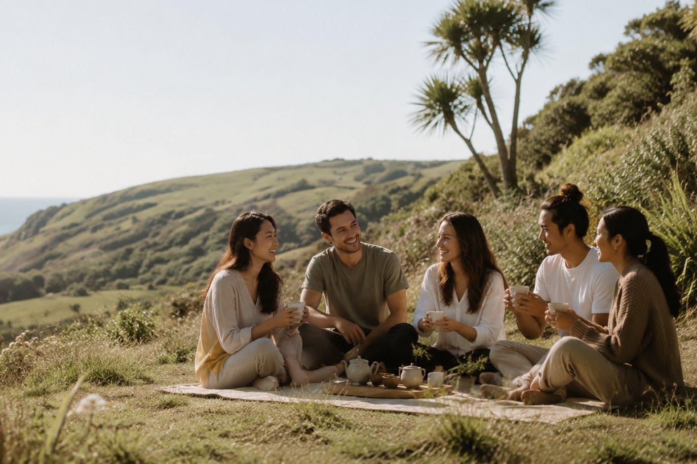Friends sharing tea in the New Zealand countryside